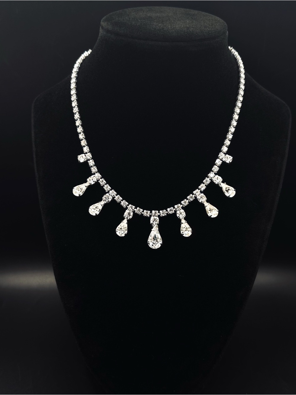 Vintage 1950s Rhinestone Fringe Necklace, Artisan Signed HM